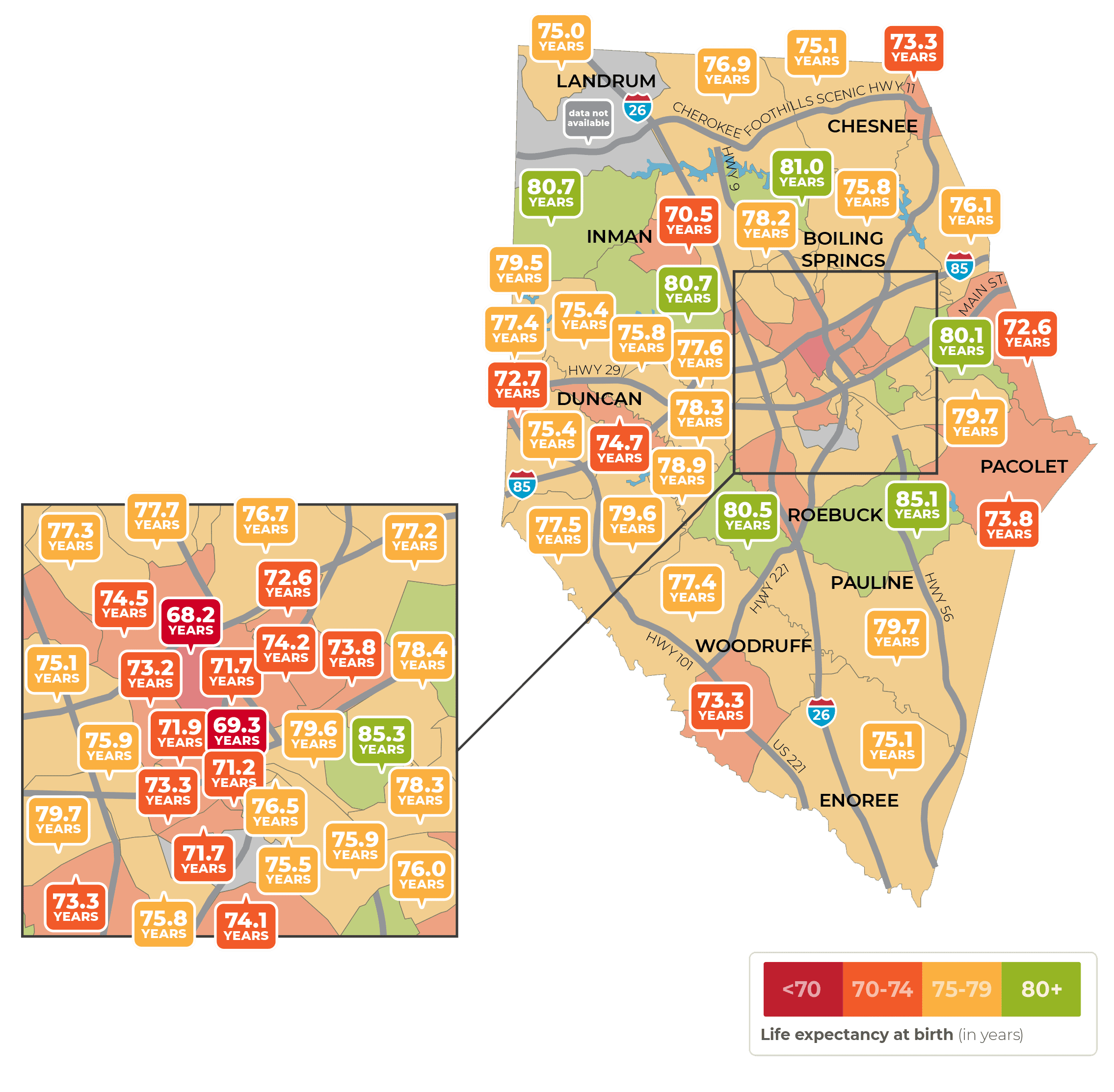 Spartanburg County Life Expectancy at birth by ZIP Code. The map shows life expectancy as high as 85.1 years and as low as 68.2 years
