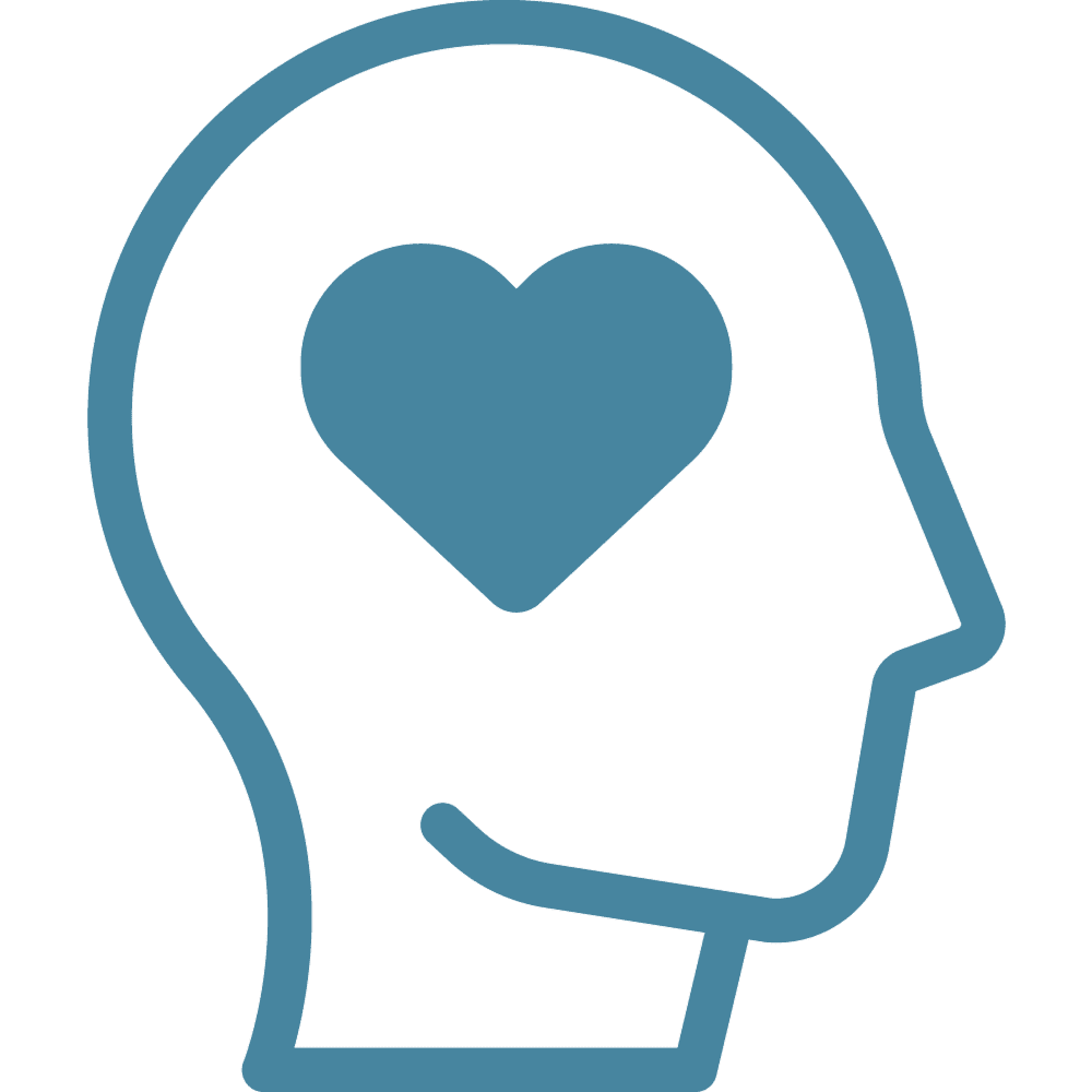 A head with a heart in the center, representing health and wellbeing in the mind